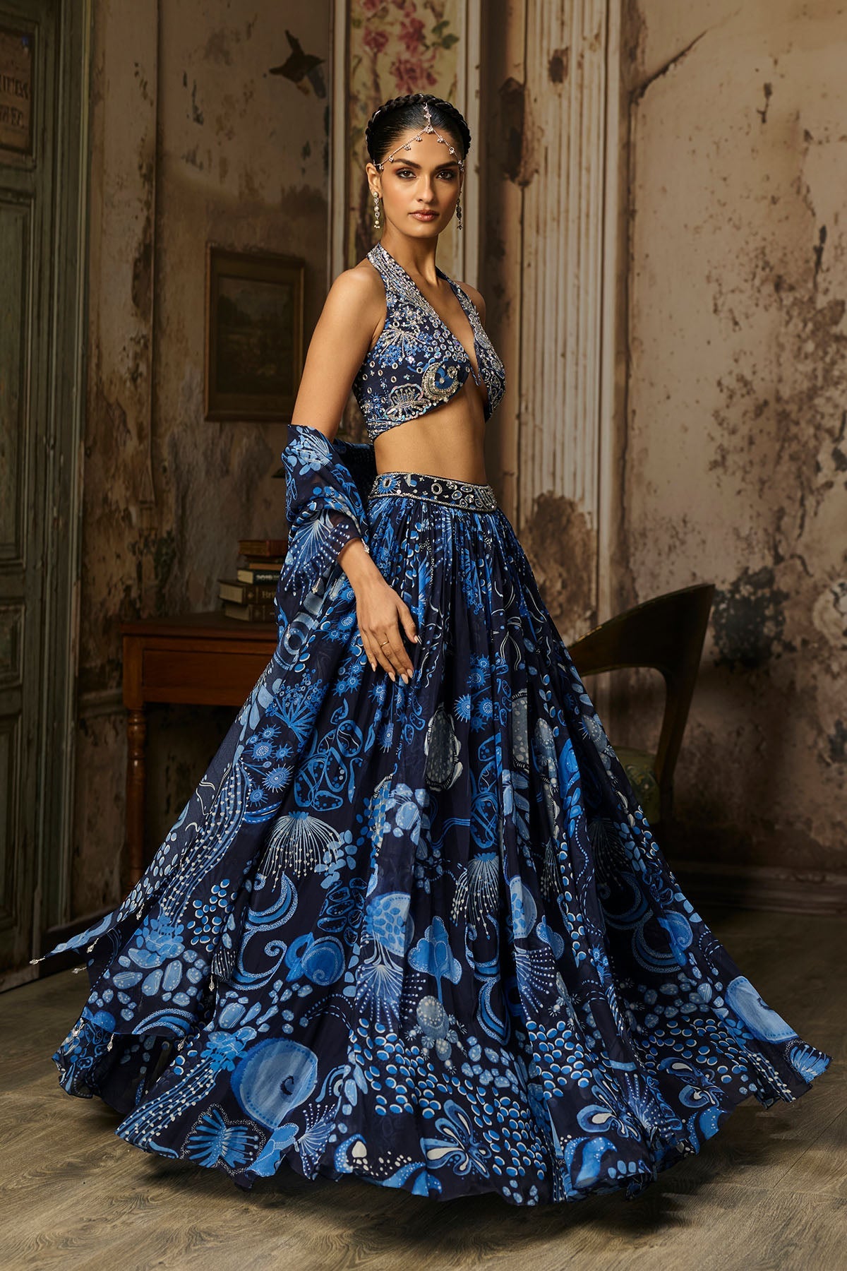 Navy Blue Printed & Highlighted Lehenga Set