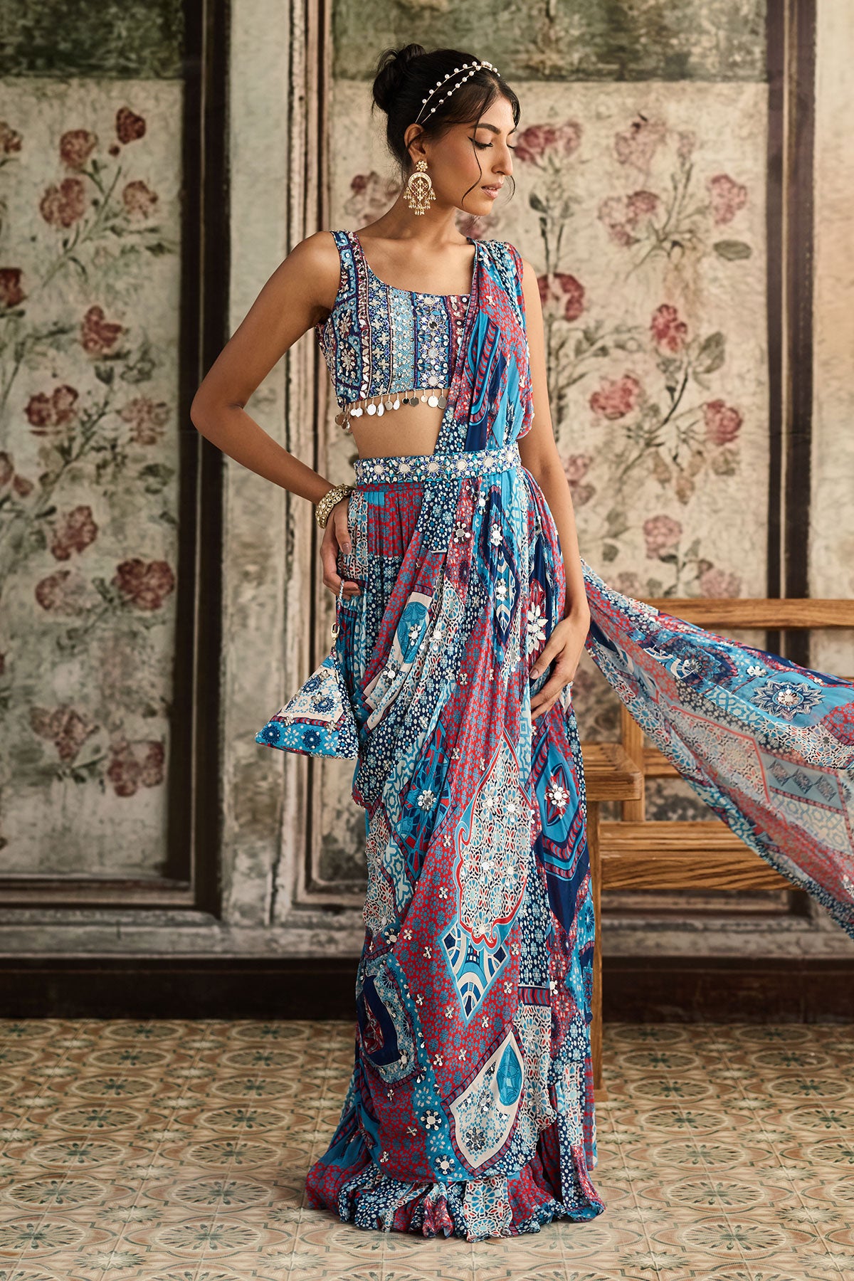 Teal Print And And Highlighted Square Neck Blouse With Tiered Skirt Saree Set
