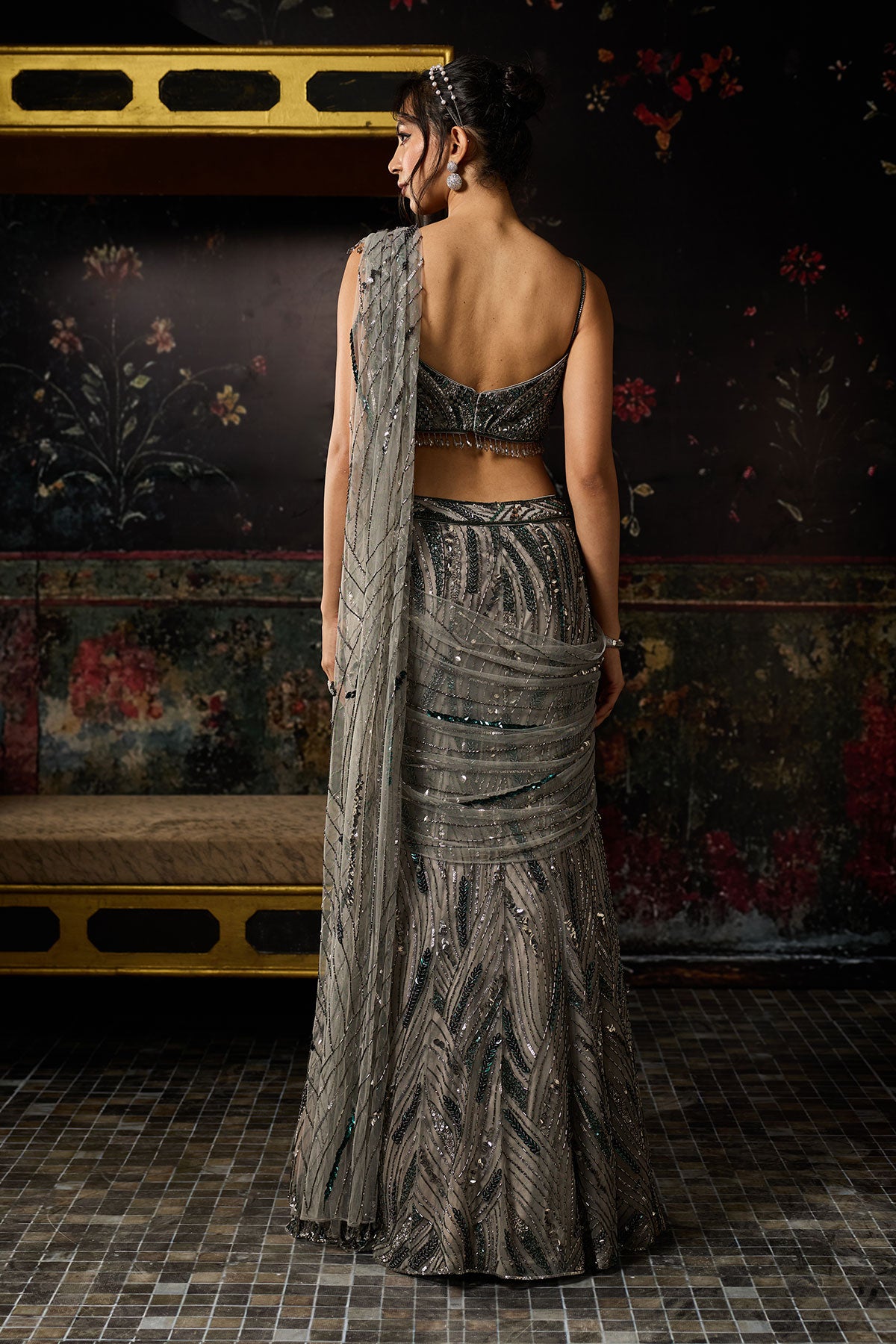 Grey Embellished Mermaid Skirt Saree Set