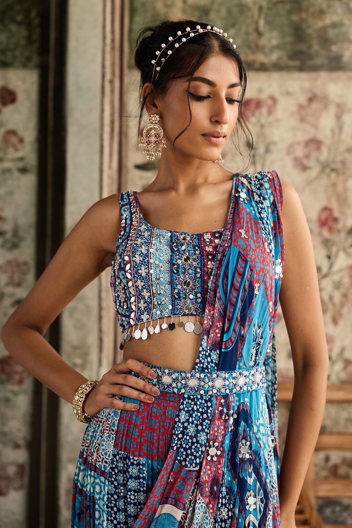 Anjali in Teal Print And And Highlighted Square Neck Blouse With Tiered Skirt Saree Set