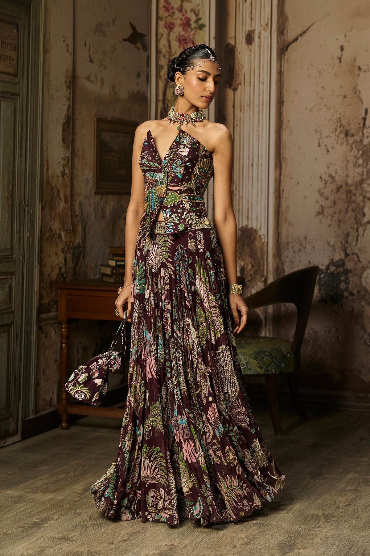 Plum Printed And Highlighted Corset Lehenga Set