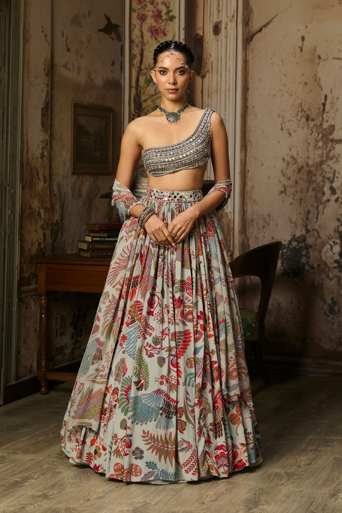 Slate Grey Embroidered Blouse With Printed Lehenga Set