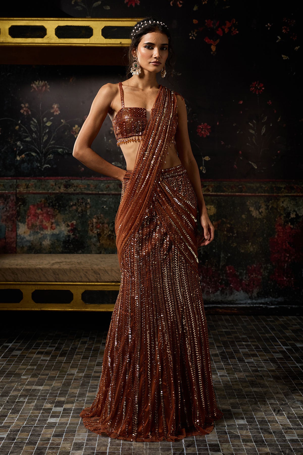 Malika Arora in Metallic Rust Embellished Mermaid Skirt Saree Set