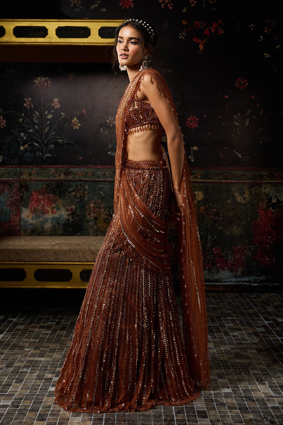 Malika Arora in Metallic Rust Embellished Mermaid Skirt Saree Set