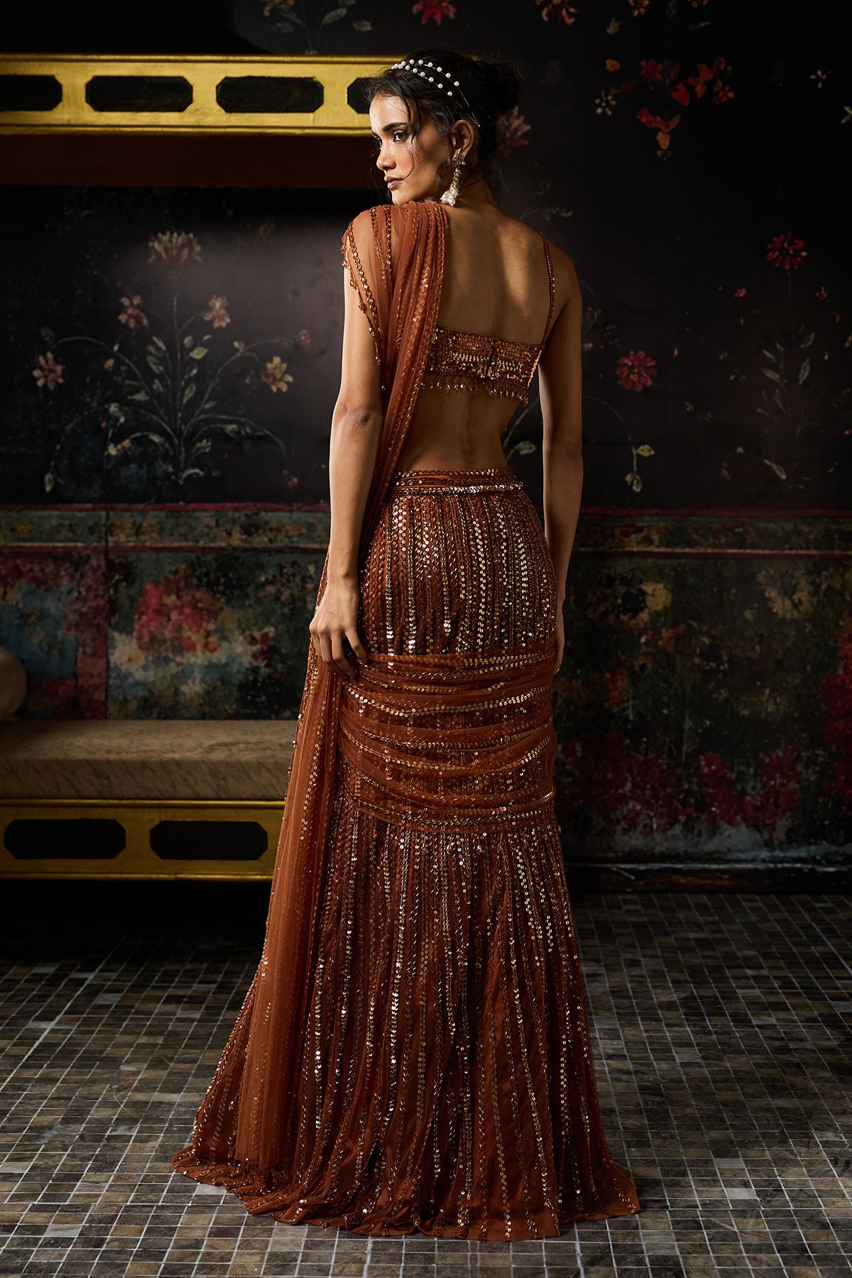 Malika Arora in Metallic Rust Embellished Mermaid Skirt Saree Set