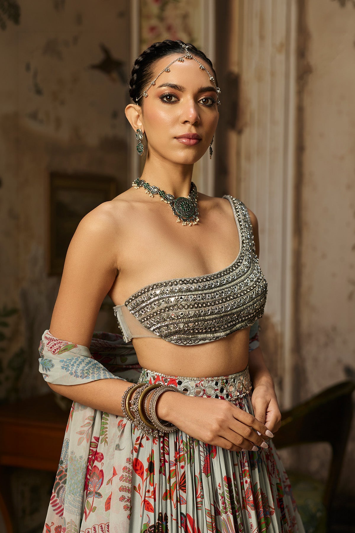 Slate Grey Embroidered Blouse With Printed Lehenga Set