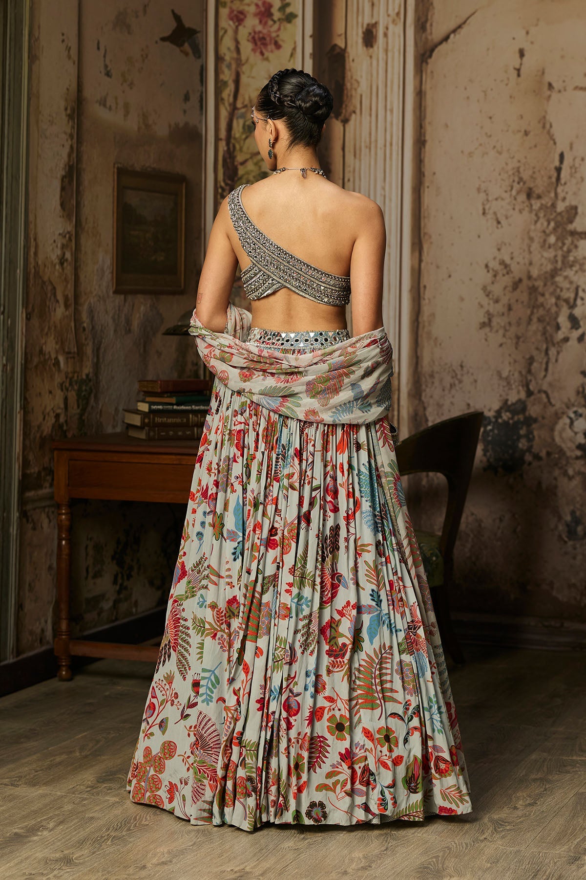 Slate Grey Embroidered Blouse With Printed Lehenga Set