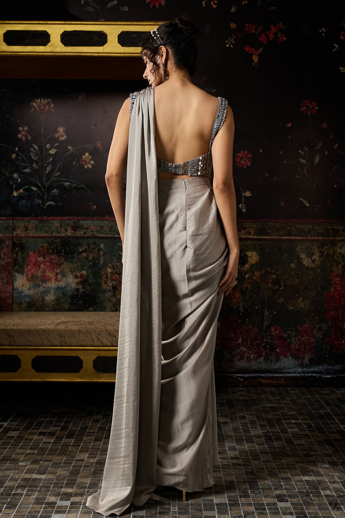 Grey Embellished Draped Skirt Saree Set