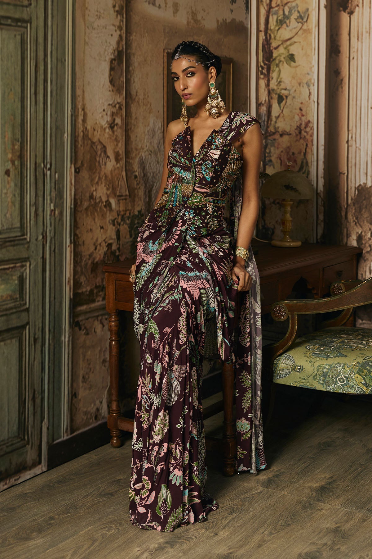 Plum Printed And Highlighted Corset With Dhoti Skirt Saree Set