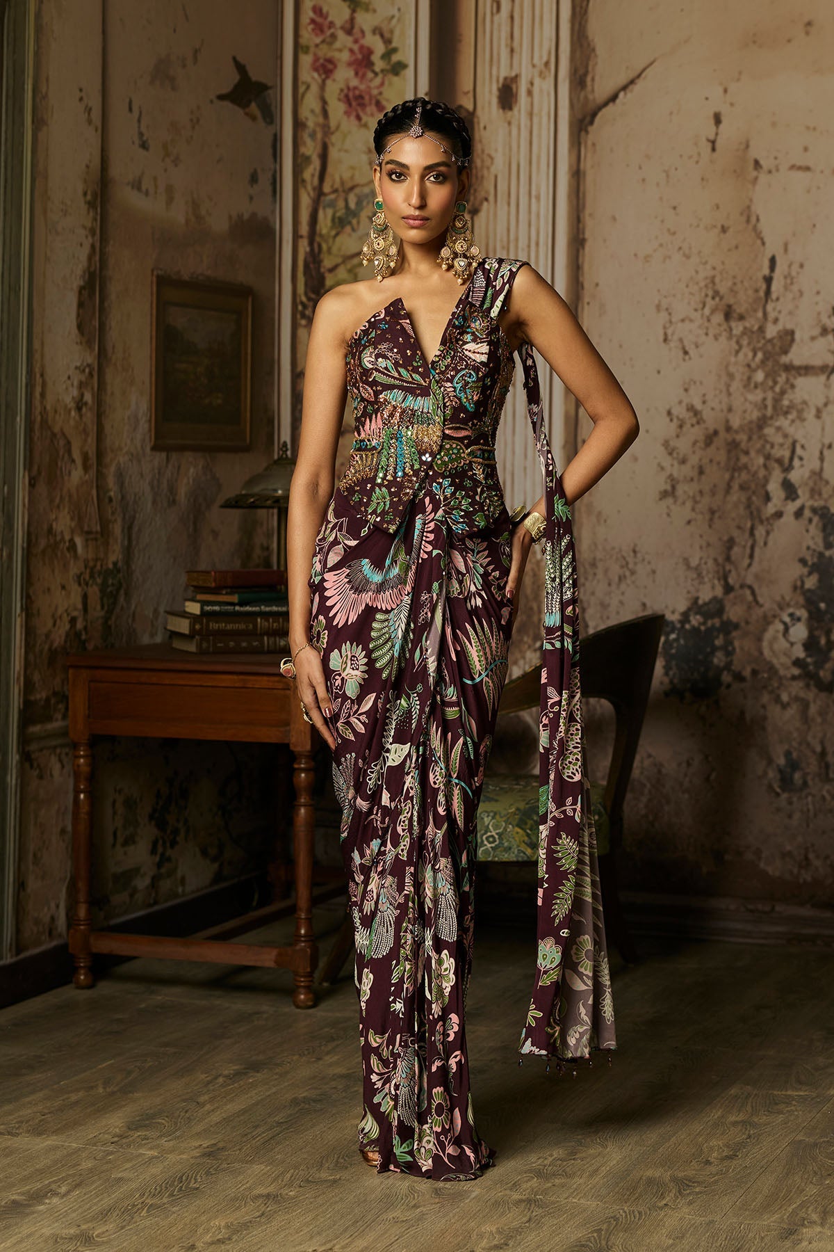 Plum Printed And Highlighted Corset With Dhoti Skirt Saree Set