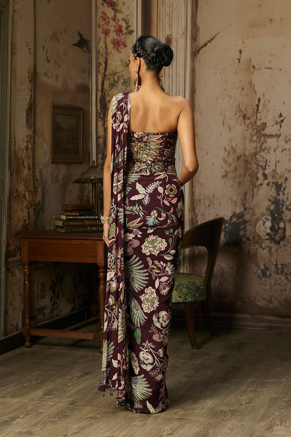 Plum Printed And Highlighted Corset With Dhoti Skirt Saree Set