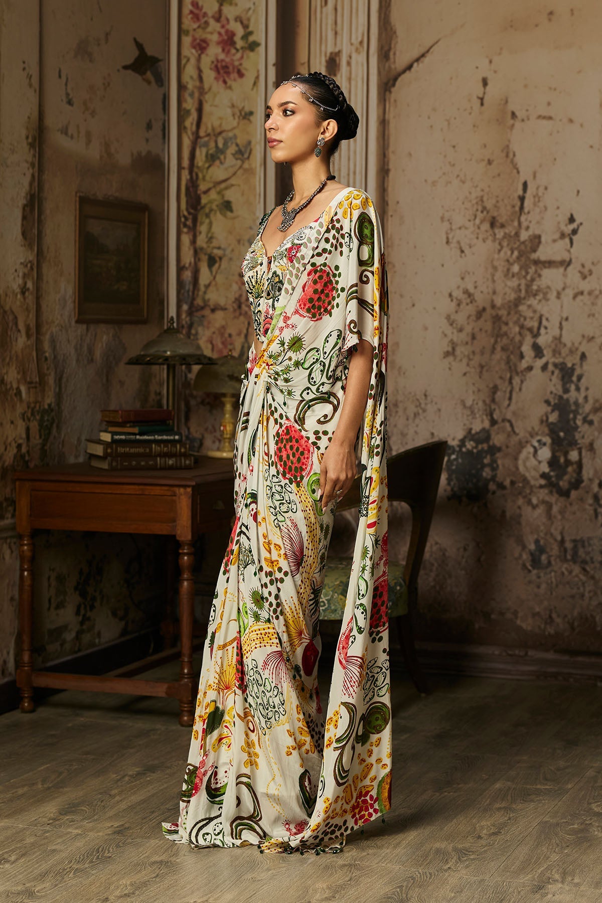 Ivory Print And Highlighted Corset With Dhoti Skirt Saree Set