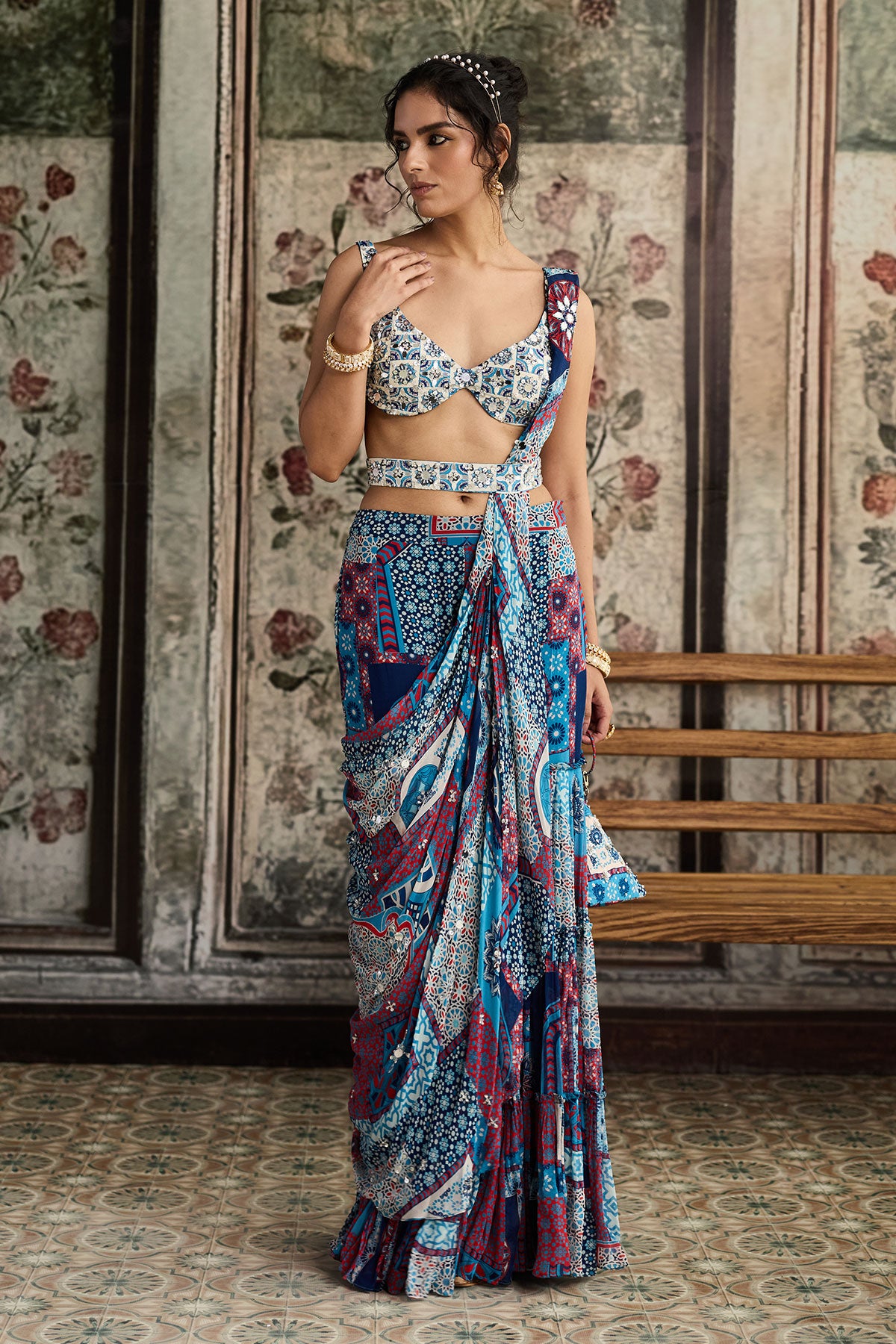 Ivory Butta Print And Highlighted Blouse With Teal Print And Highlighted Gharara Saree Set