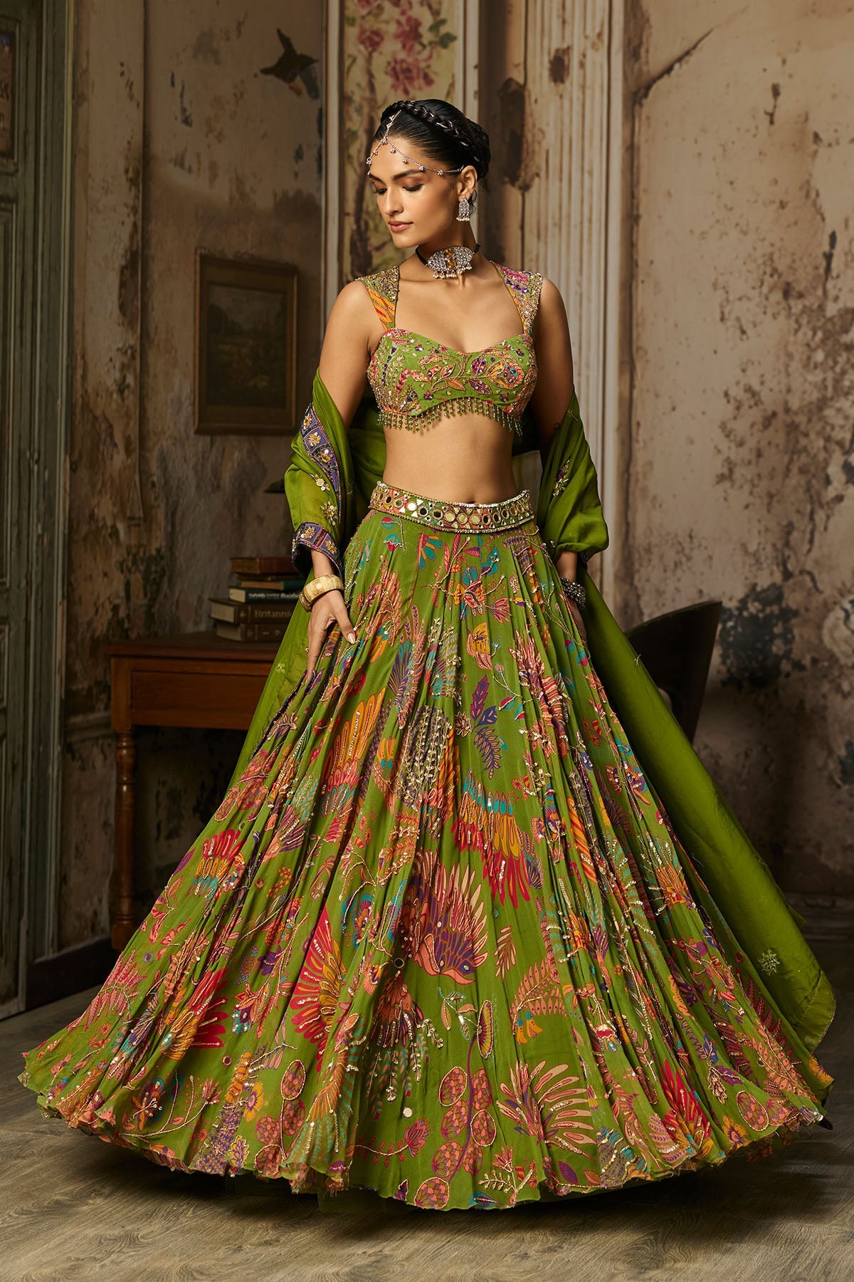 Pear Green Printed And Highlighted Lehenga Set