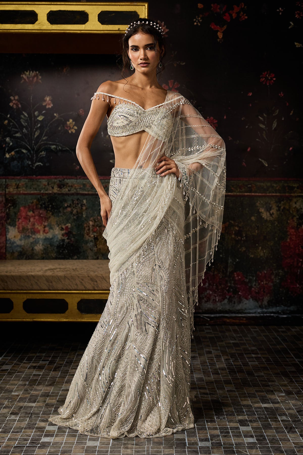Malika Arora in Silver Fully Embroidered Mermaid Skirt Saree Set