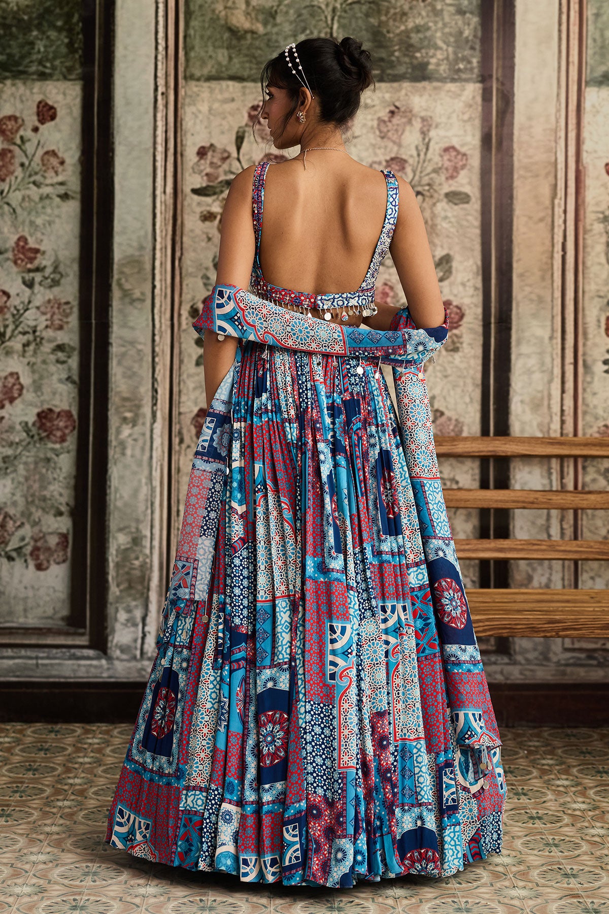 Teal Print And Highlighted Square Neck Blouse With Lehenga Set