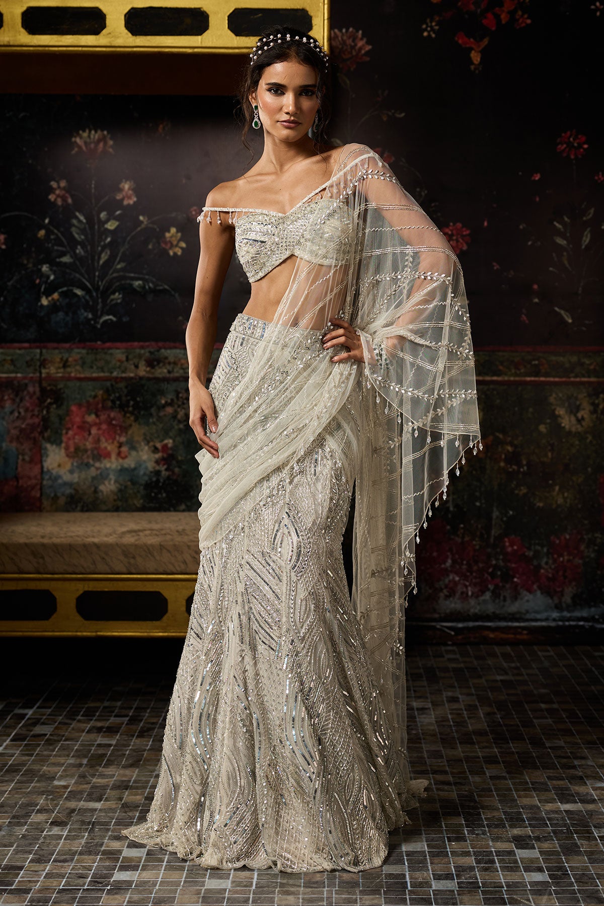 Malika Arora in Silver Fully Embroidered Mermaid Skirt Saree Set