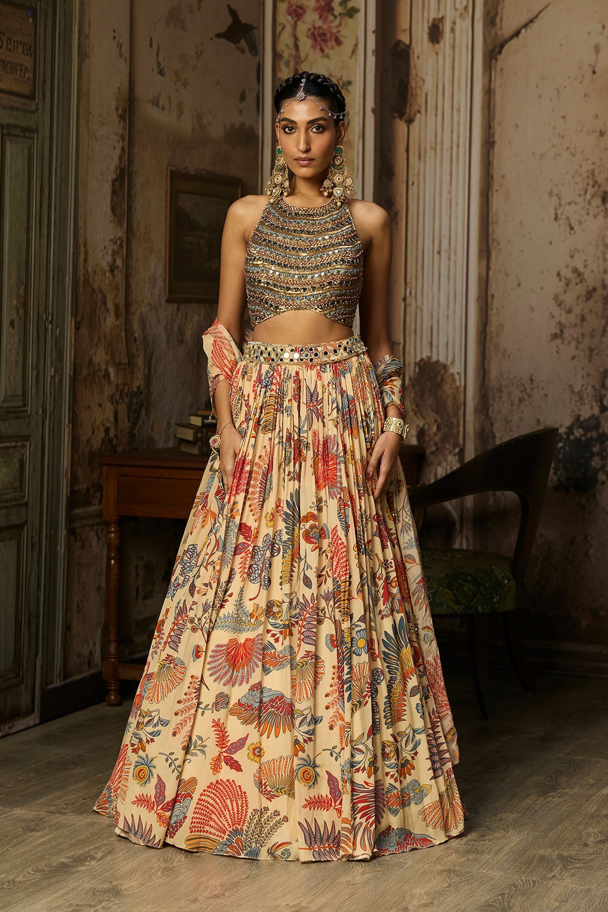 Beige Embroidered Blouse With Printed And Embroidered Lehenga Set