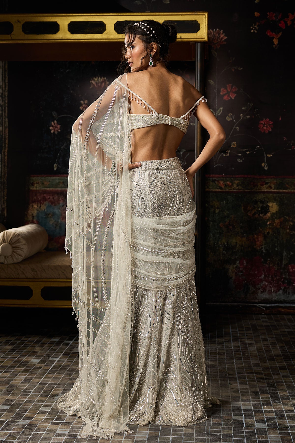 Malika Arora in Silver Fully Embroidered Mermaid Skirt Saree Set