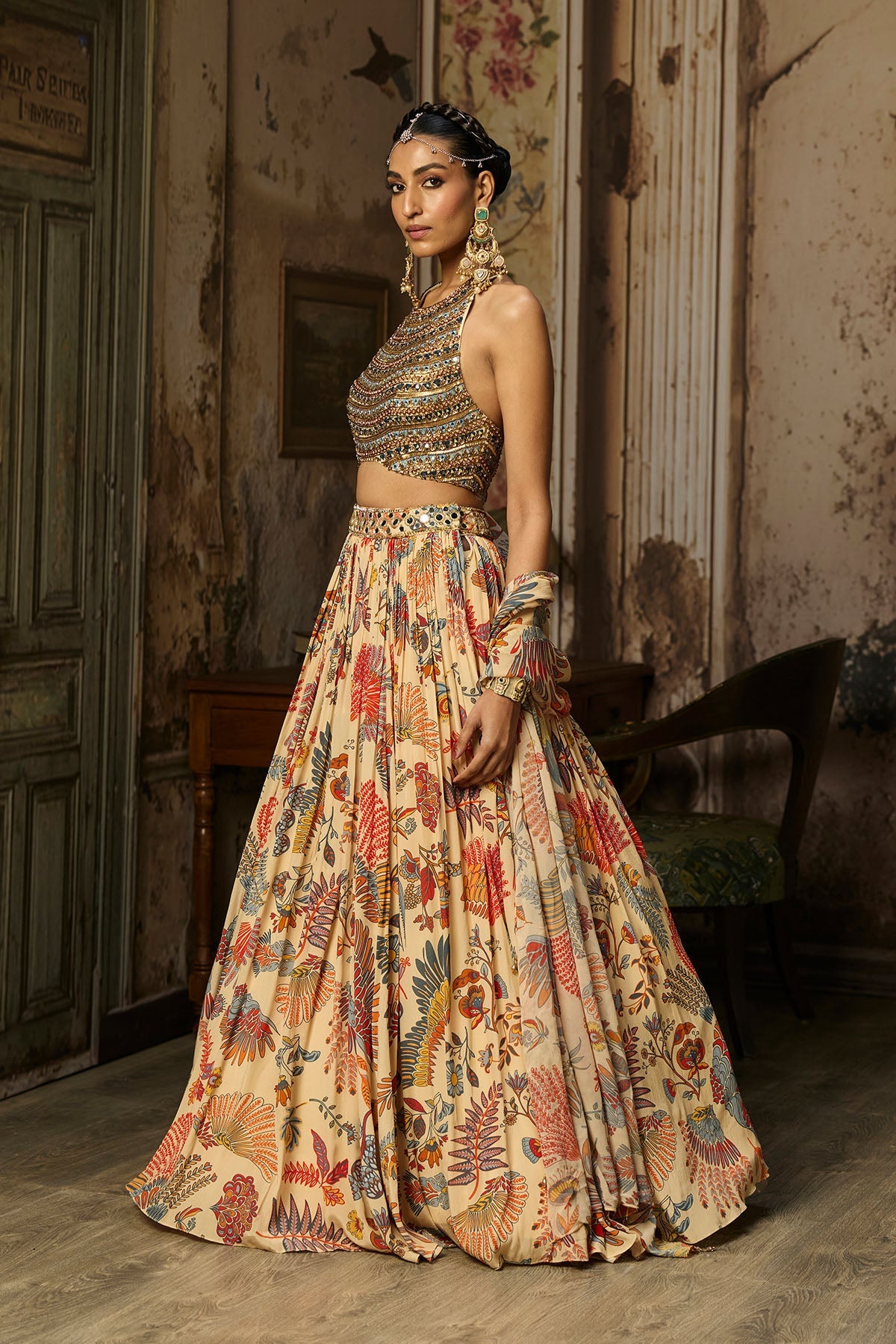 Beige Embroidered Blouse With Printed And Embroidered Lehenga Set