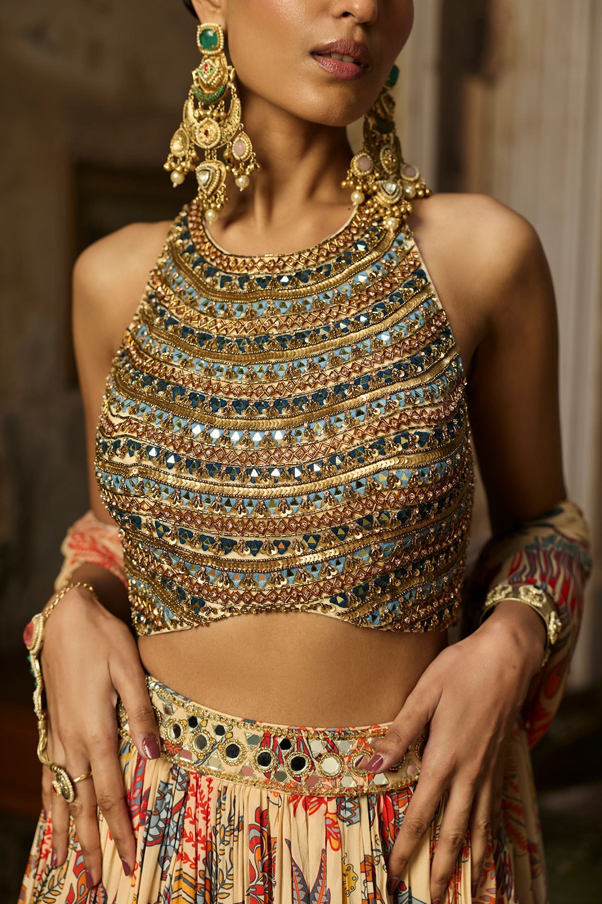 Beige Embroidered Blouse With Printed And Embroidered Lehenga Set