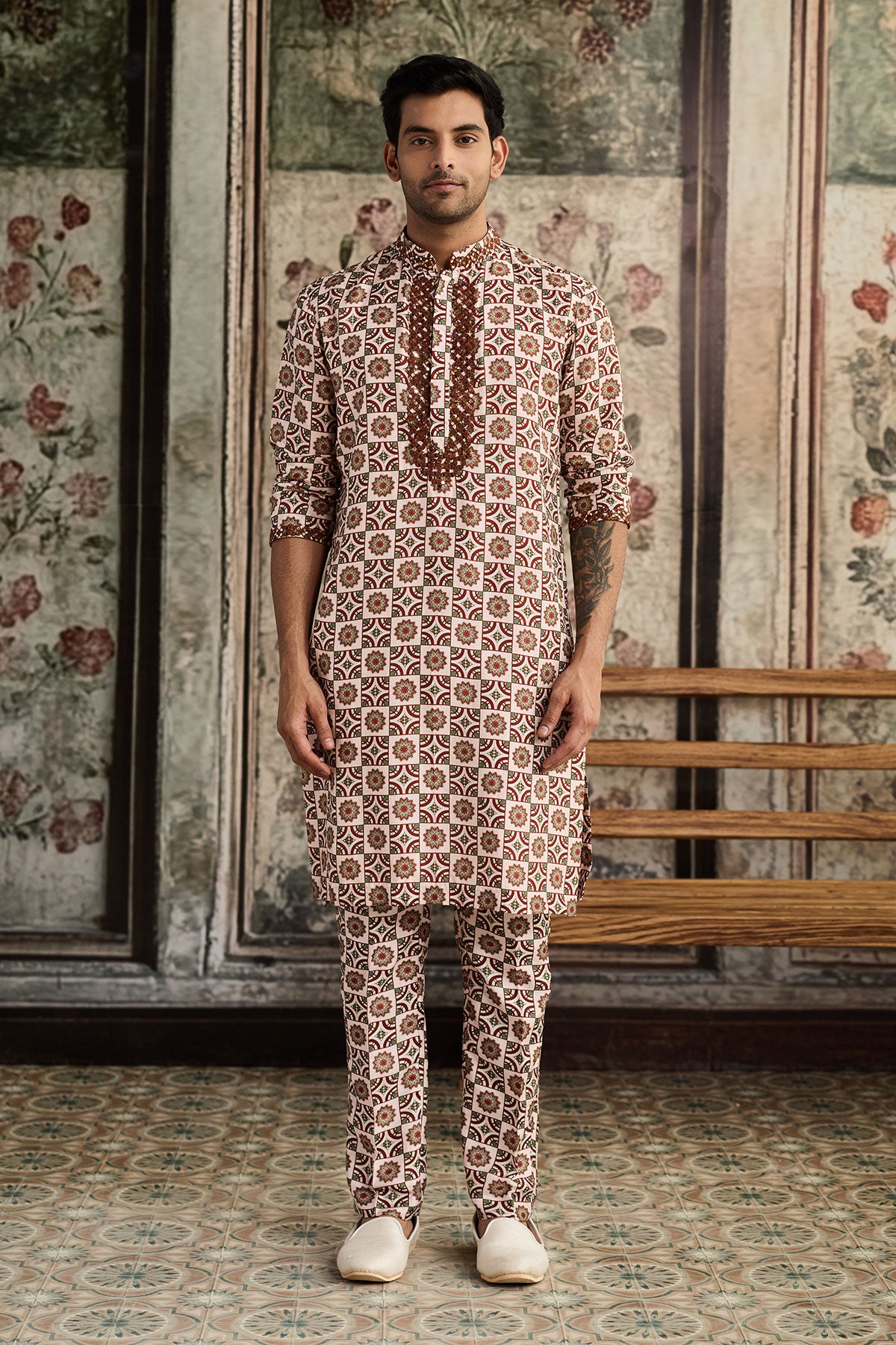 Caramel & Ivory Print & Highlighted Kurta &Pants