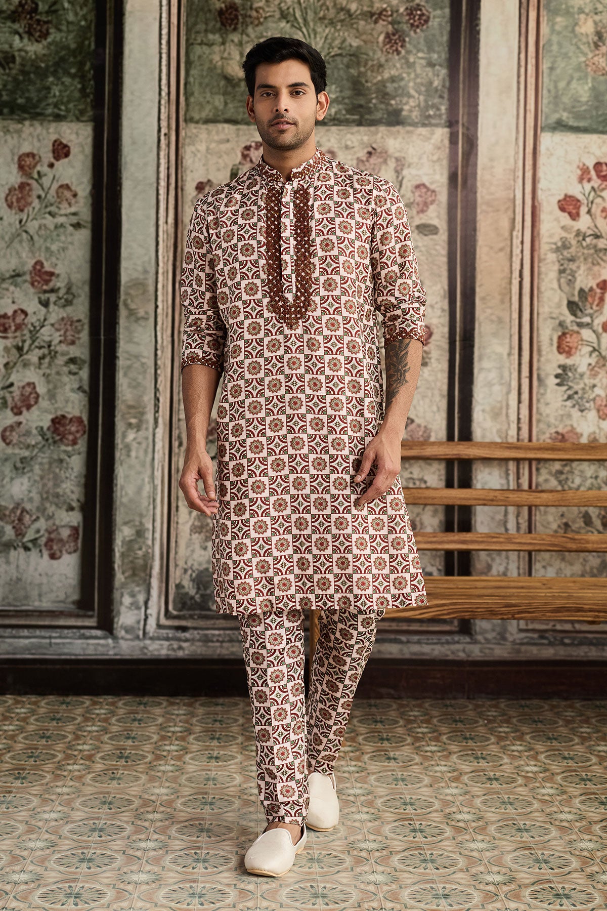 Caramel & Ivory Print & Highlighted Kurta &Pants