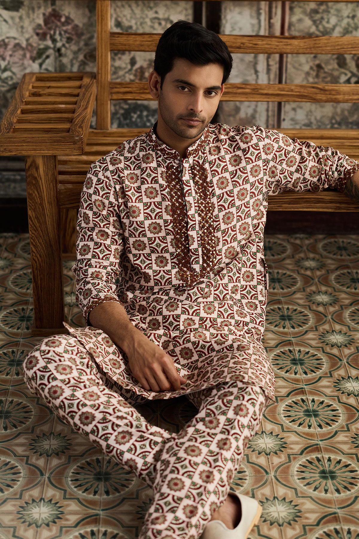 Caramel & Ivory Print & Highlighted Kurta &Pants