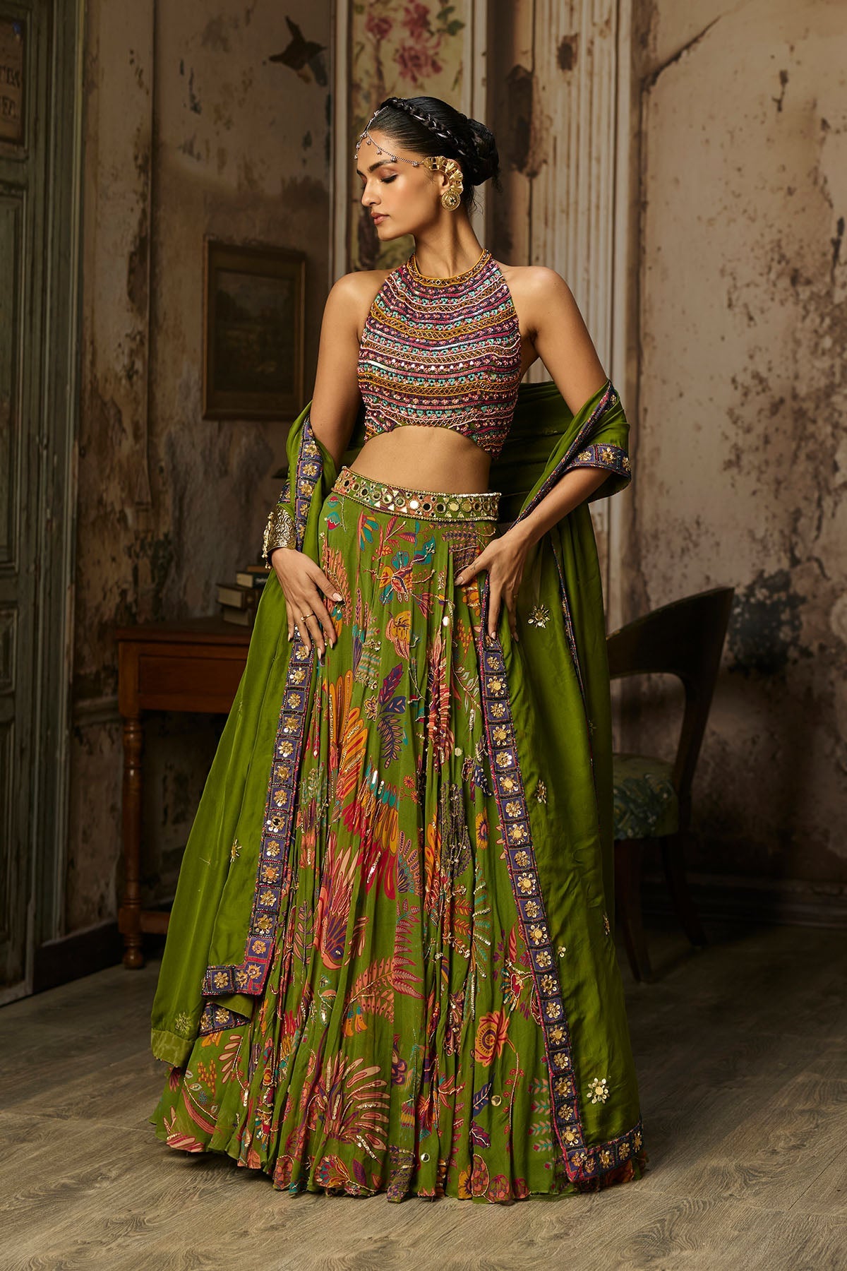 Colorful Embroidered Blouse With Pear Green Lehenga Set
