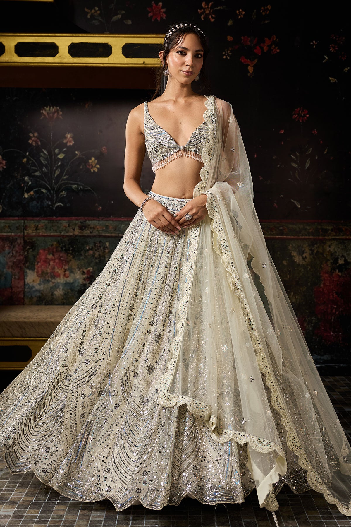 Ivory Fully Embroidered Scallop Lehenga Set