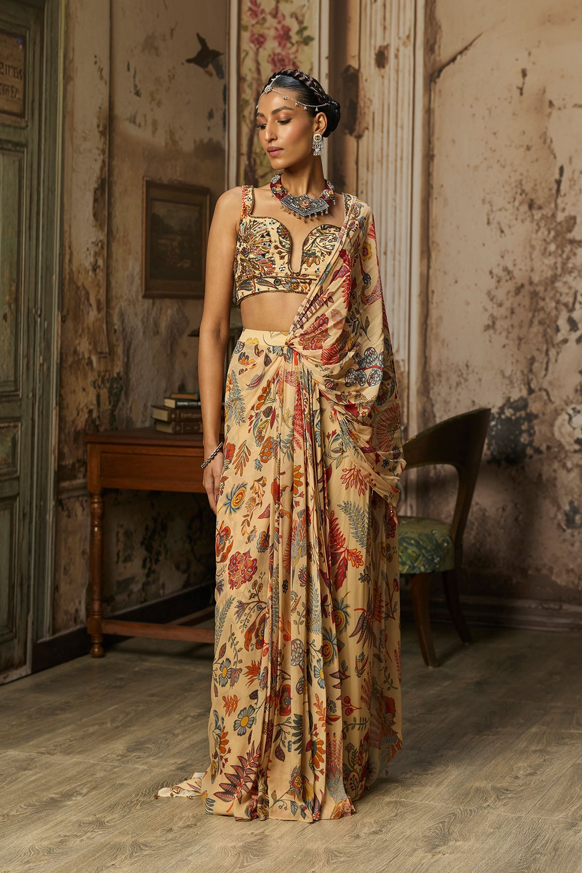Beige Printed And Highlighted Blouse Skirt Saree Set