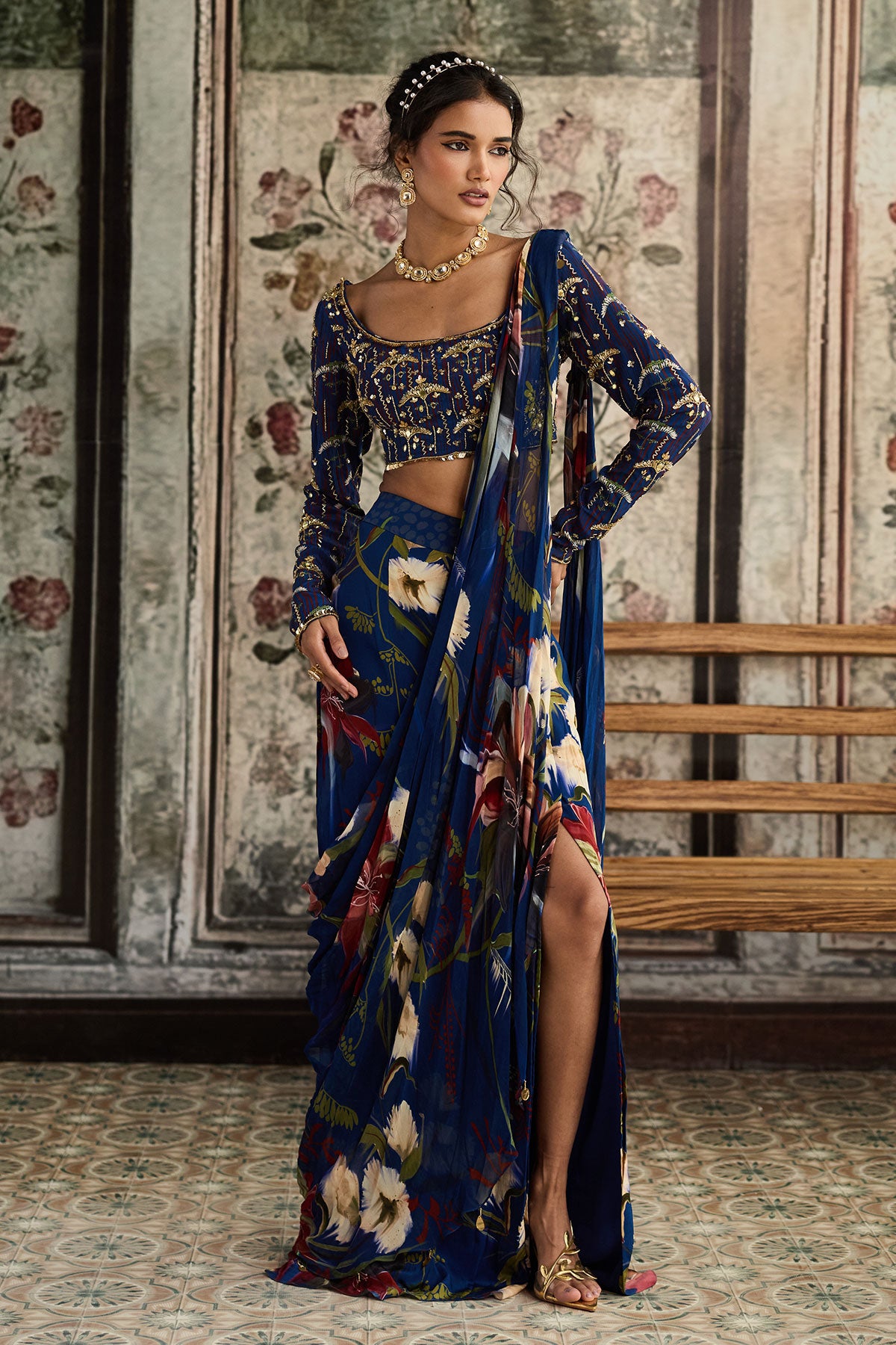 Blue Floral Printed Skirt Saree Set