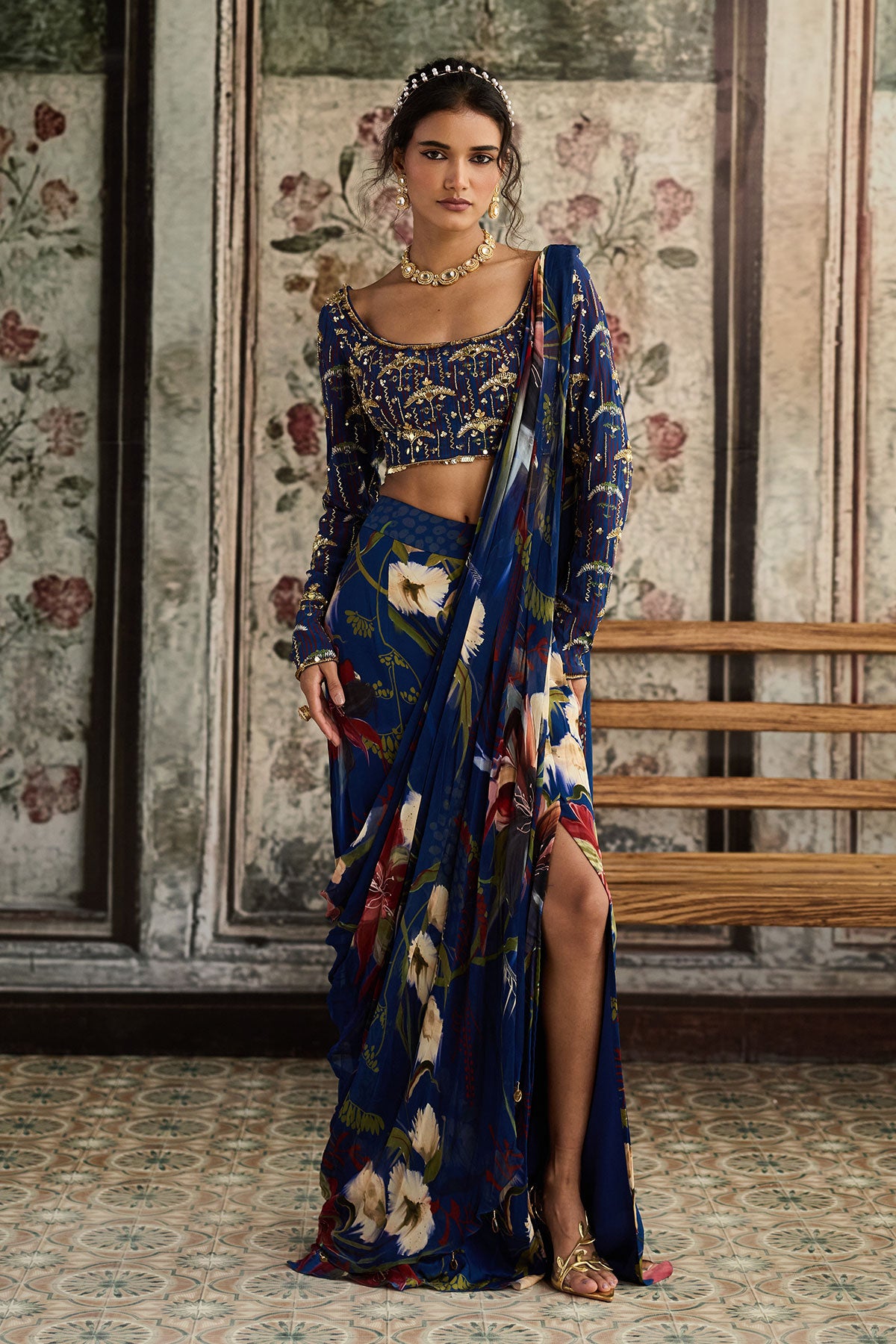 Blue Floral Printed Skirt Saree Set