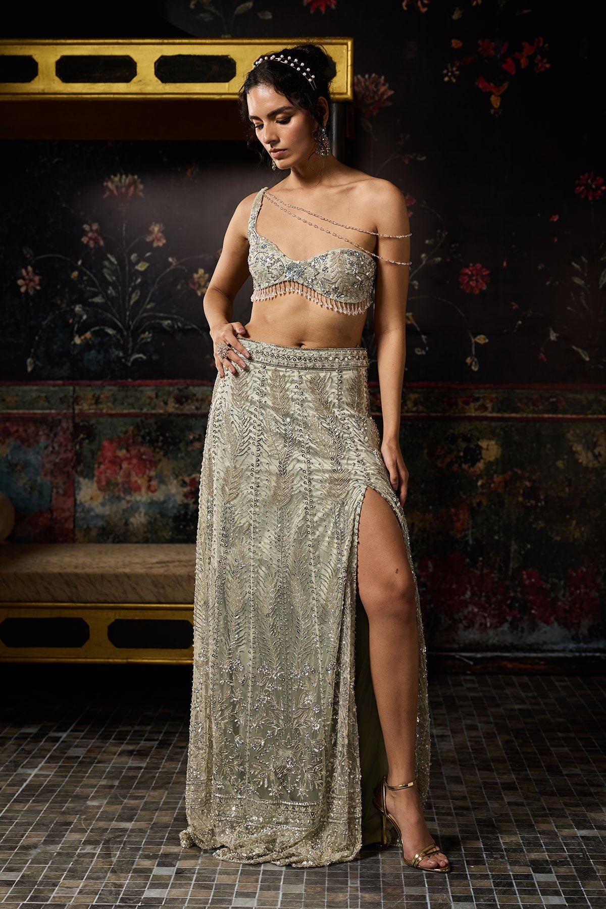 Silver Fully Embellished Asymmetrical Slit Skirt Set