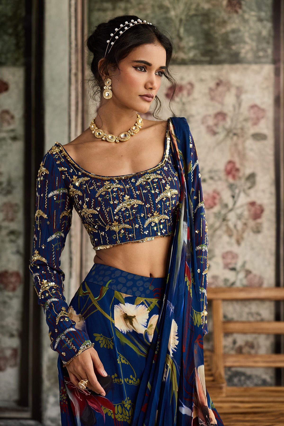 Blue Floral Printed Skirt Saree Set