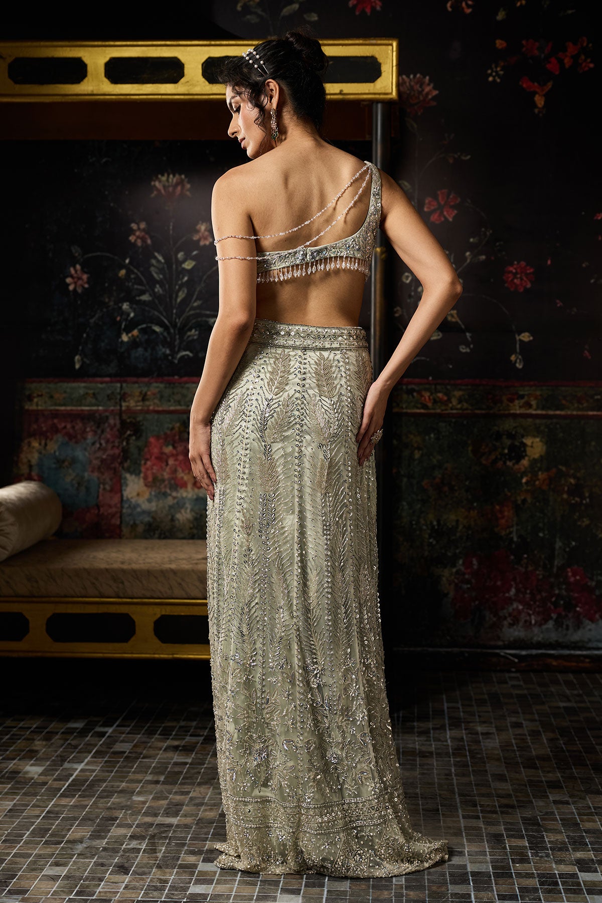 Silver Fully Embellished Asymmetrical Slit Skirt Set