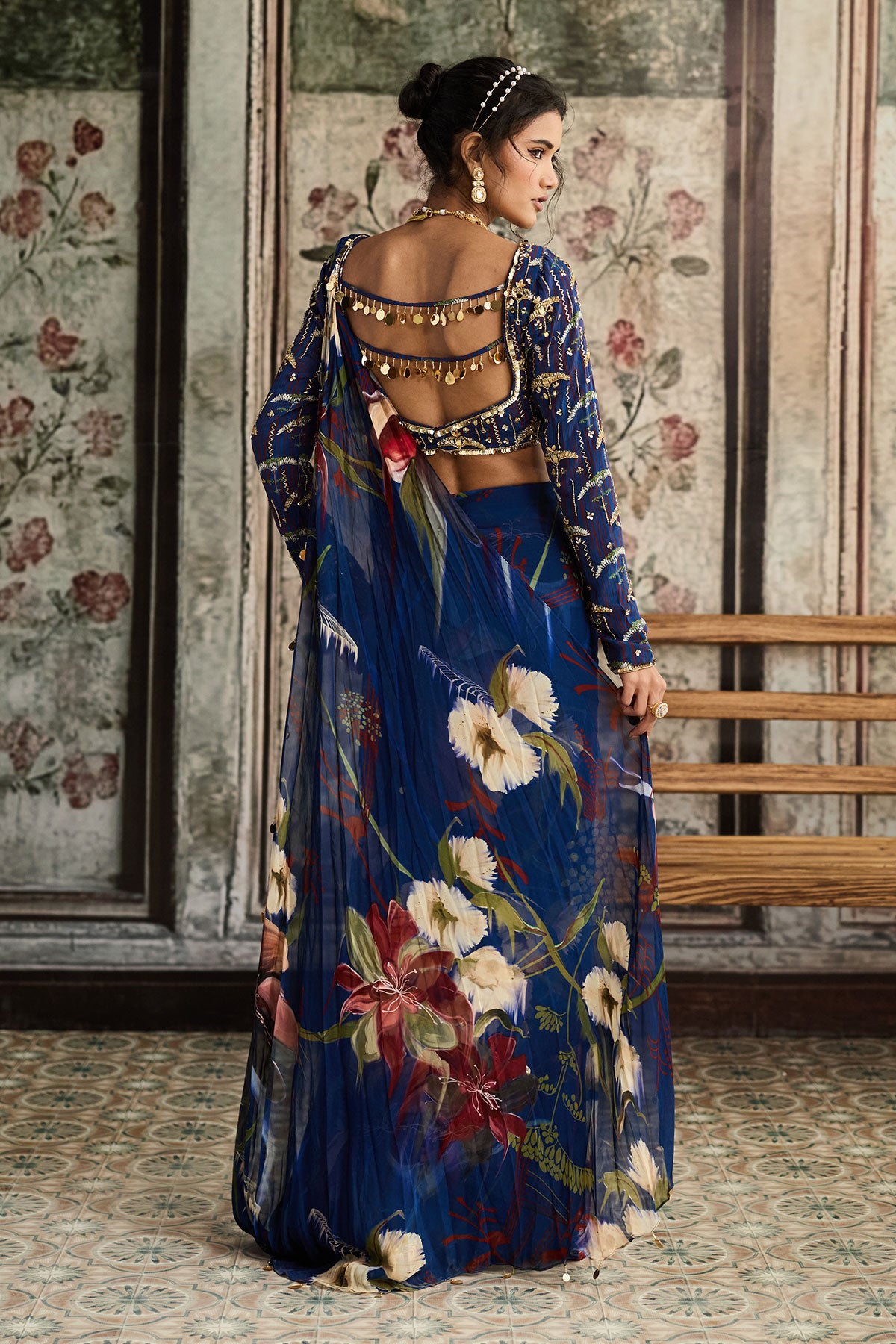 Blue Floral Printed Skirt Saree Set