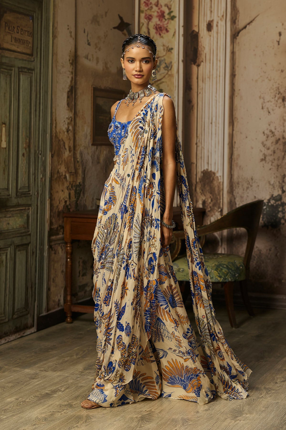 Ivory Printed And Highlighted Sharara Pants Saree Set