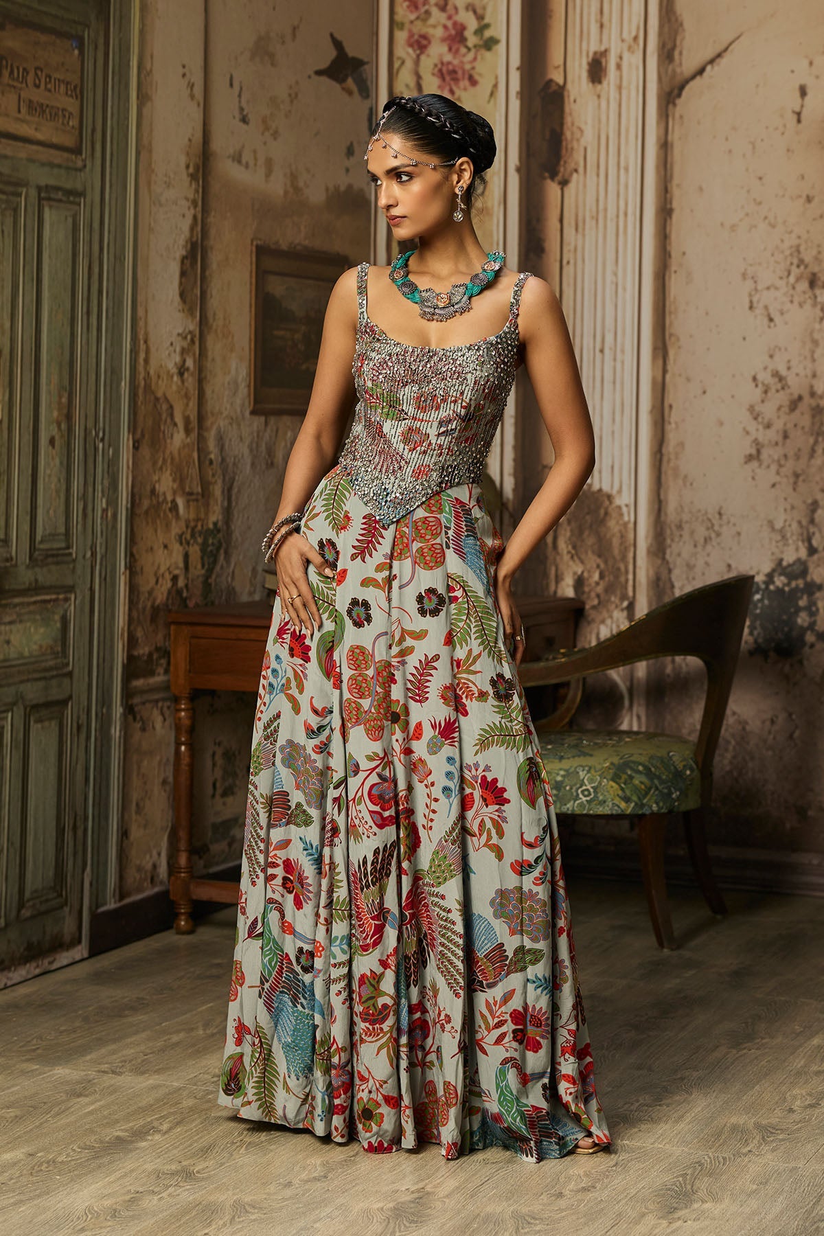 Slate Grey Printed And Highlighted Corset Gown