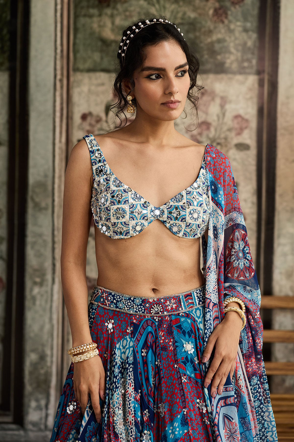 Ivory Butta Print And Highlighted Blouse With Teal Print And Highlighted Lehenga Set
