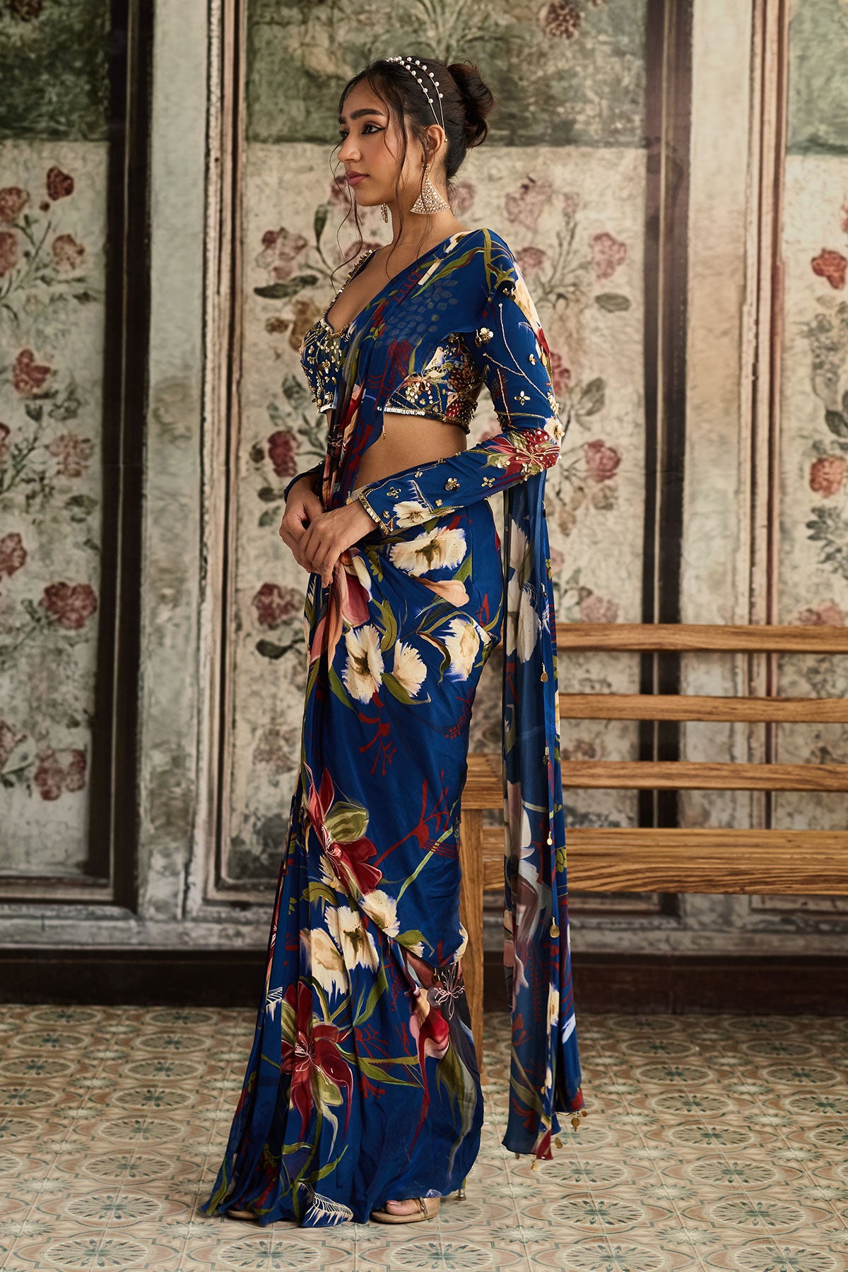 Blue Floral Printed Skirt Saree Set