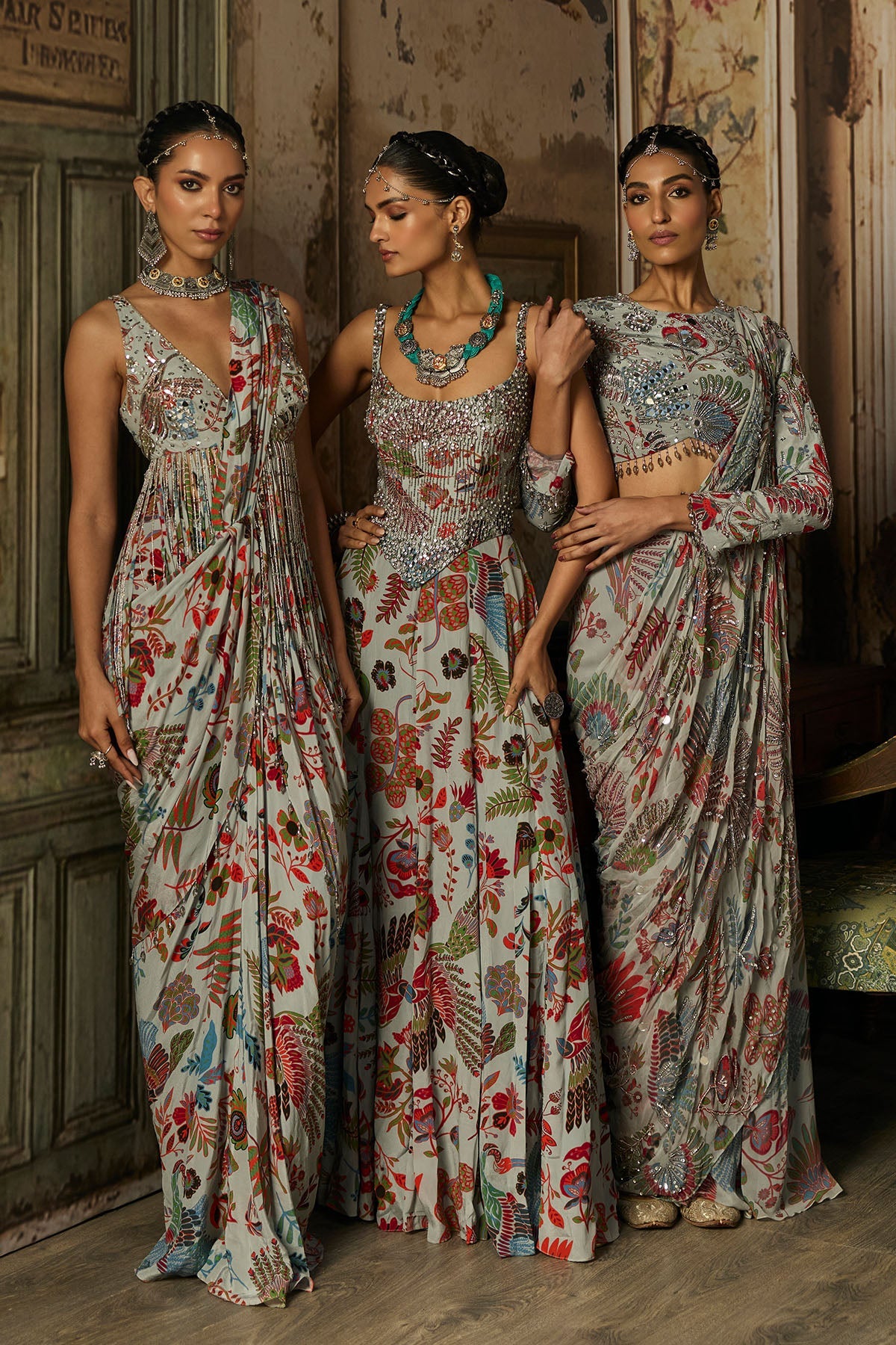 Slate Grey Printed And Highlighted Tiered Skirt Saree Set