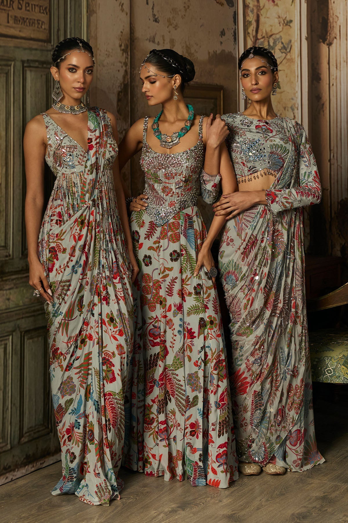 Slate Grey Printed And Highlighted Corset Gown