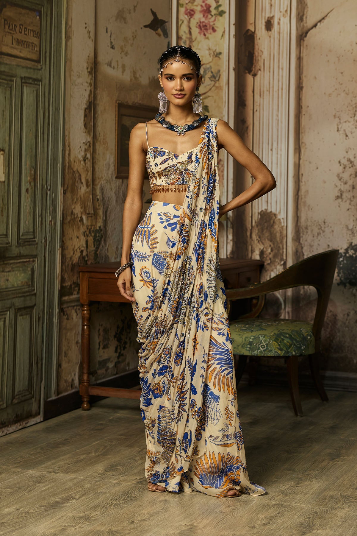 Ivory Printed And Highlighted Sharara Pants Saree Set