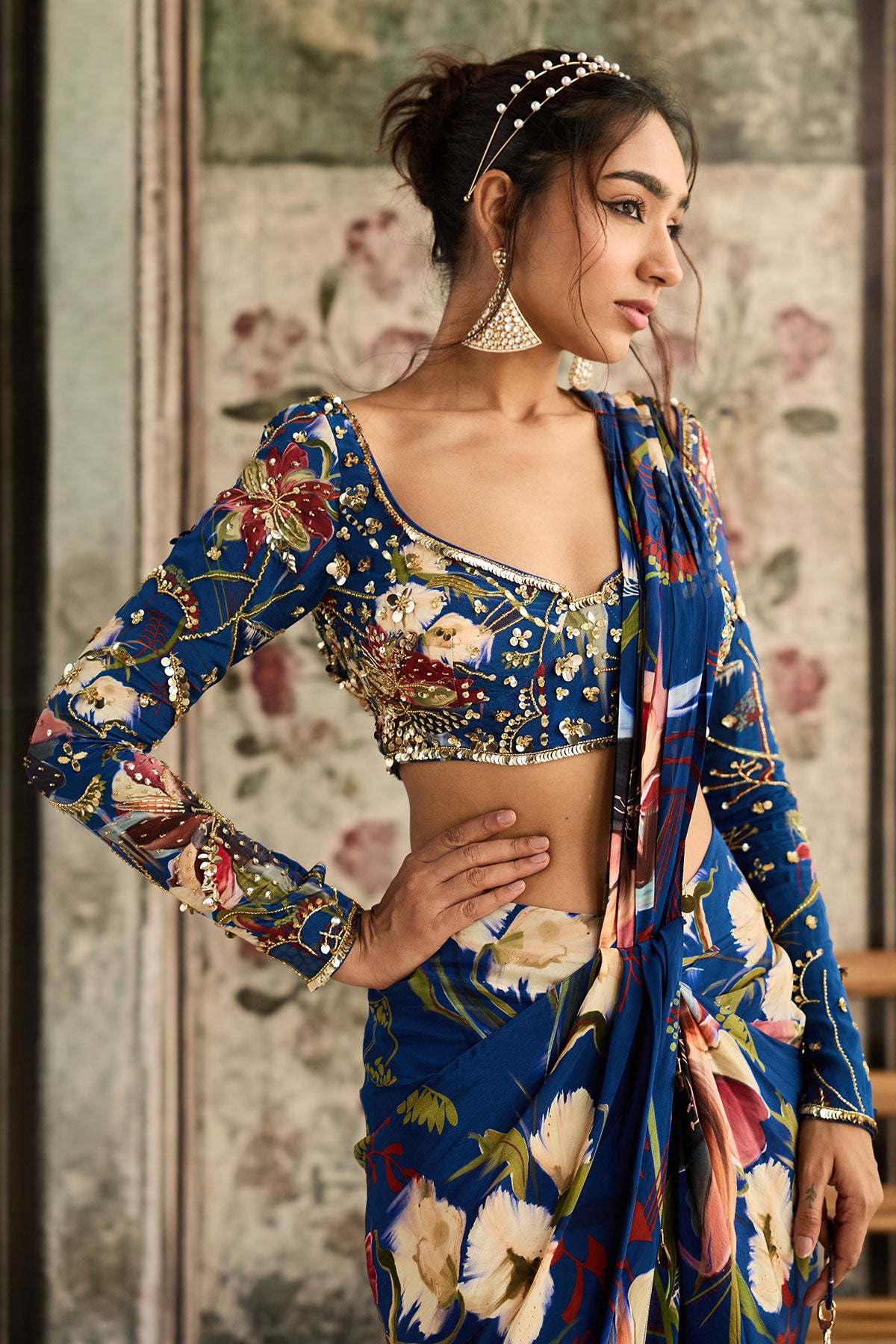 Blue Floral Printed Skirt Saree Set