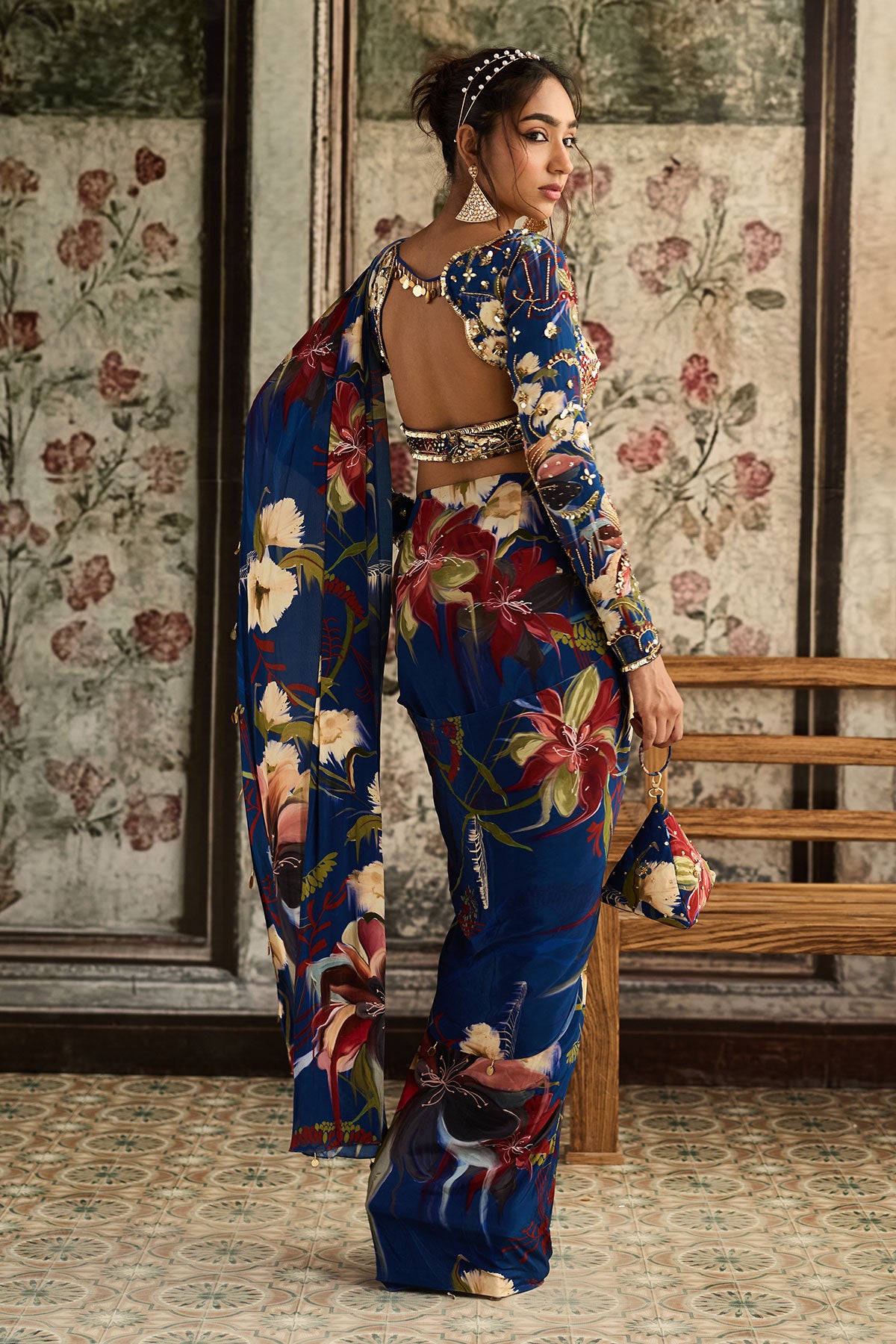 Blue Floral Printed Skirt Saree Set