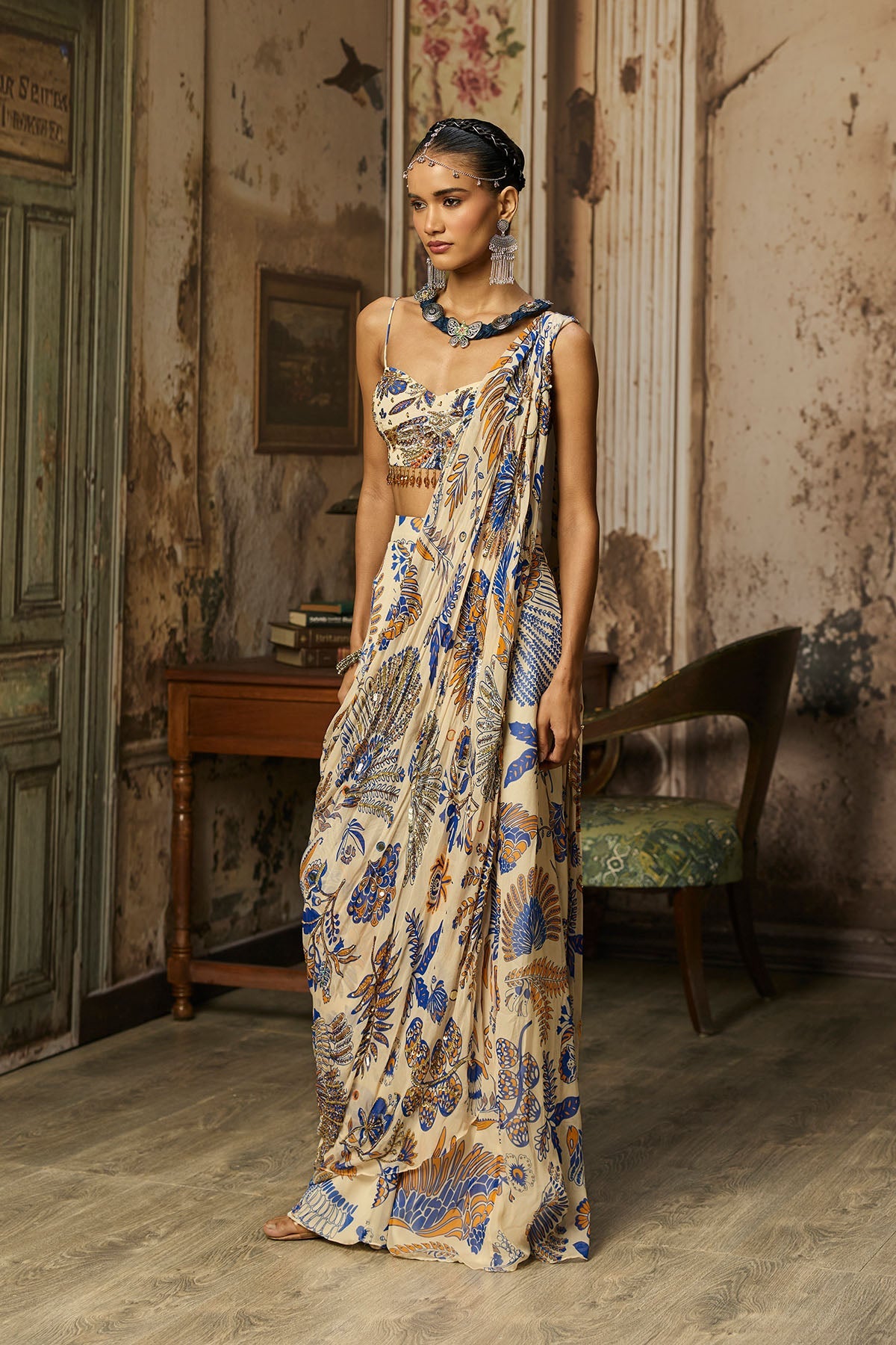 Ivory Printed And Highlighted Sharara Pants Saree Set