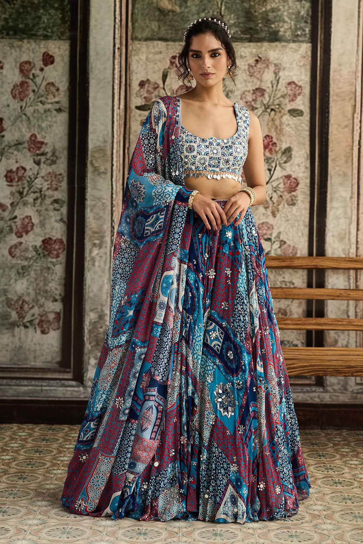 Anjali in Ivory Butta Print And Highlighted Blouse With Teal Print And Highlighted Lehenga Set