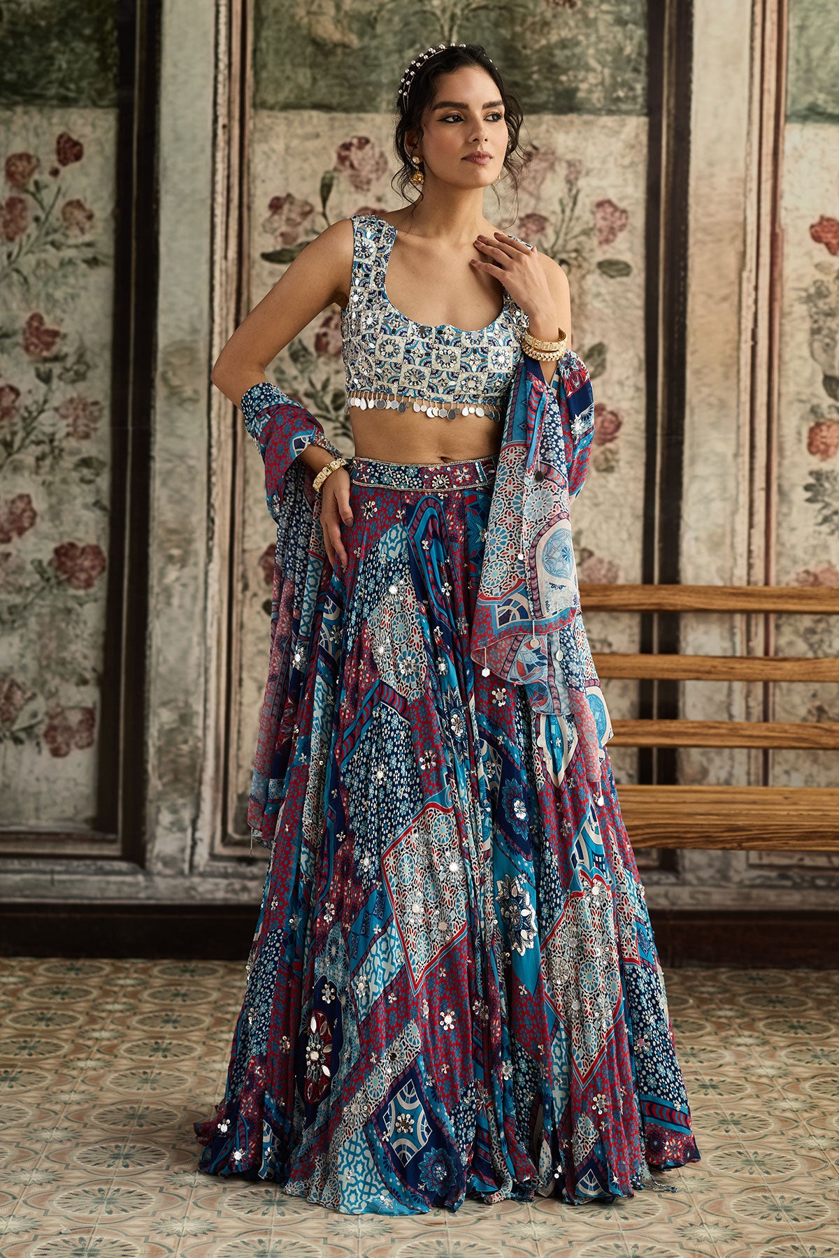 Anjali in Ivory Butta Print And Highlighted Blouse With Teal Print And Highlighted Lehenga Set