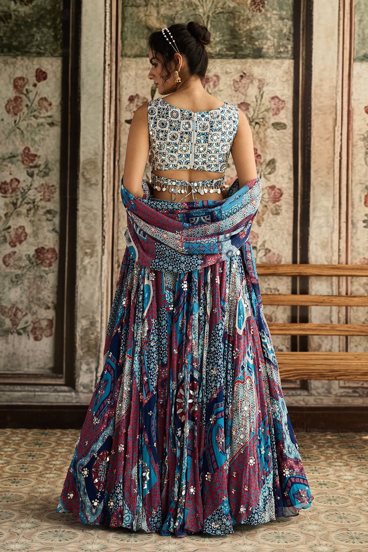 Anjali in Ivory Butta Print And Highlighted Blouse With Teal Print And Highlighted Lehenga Set